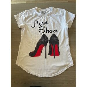 Rockher Womens White Love Shoes Graphic T-Shirt Red Sole Stiletto Studded Size L